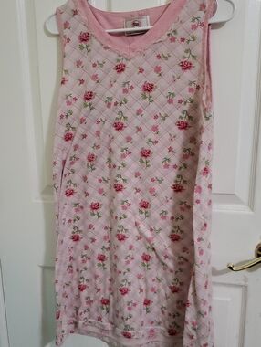 Susie Y2K Pink Floral Gingham Trim Sleeveless Knit Nightgown L